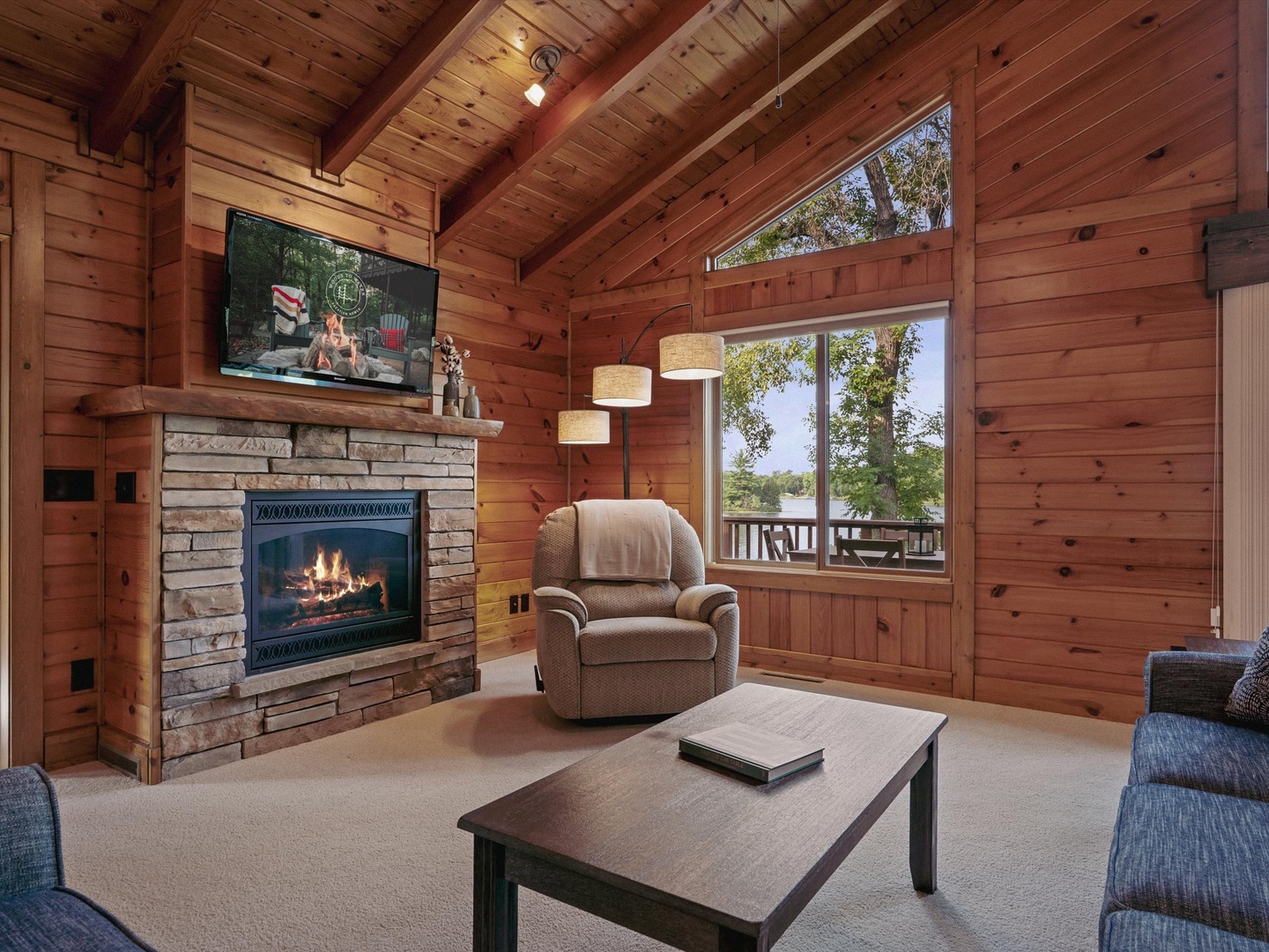 Cozy seating & fireplace.