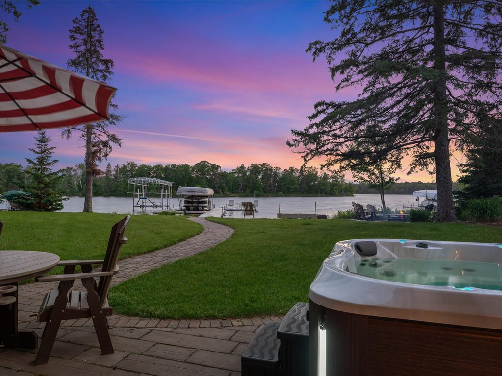 View from patio towards lake at twilight.