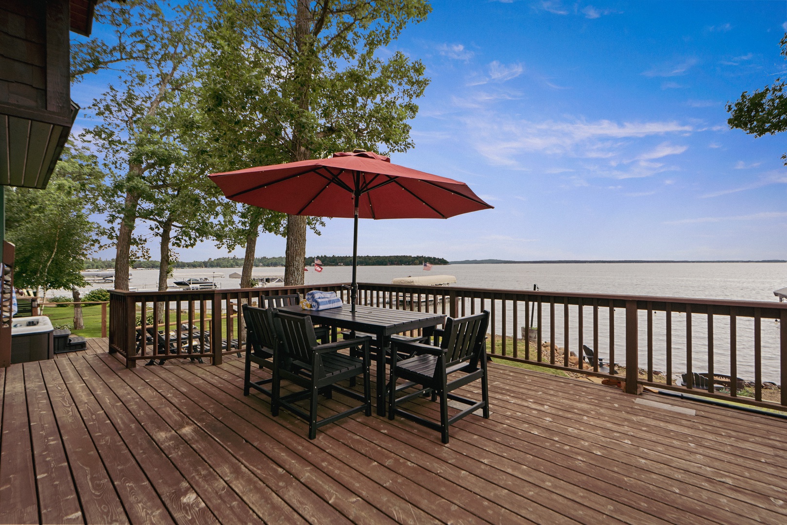 Peaceful lakeside deck with endless water views.