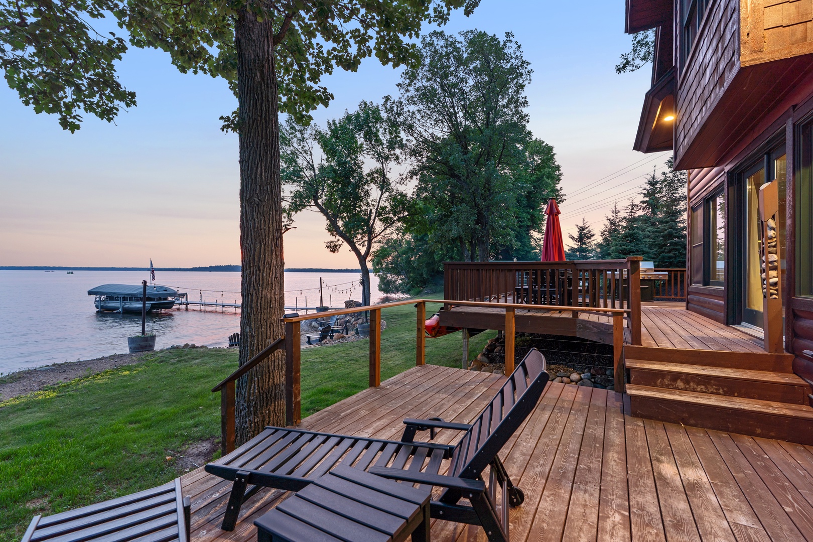 Deck lounge chairs overlooking the lake.