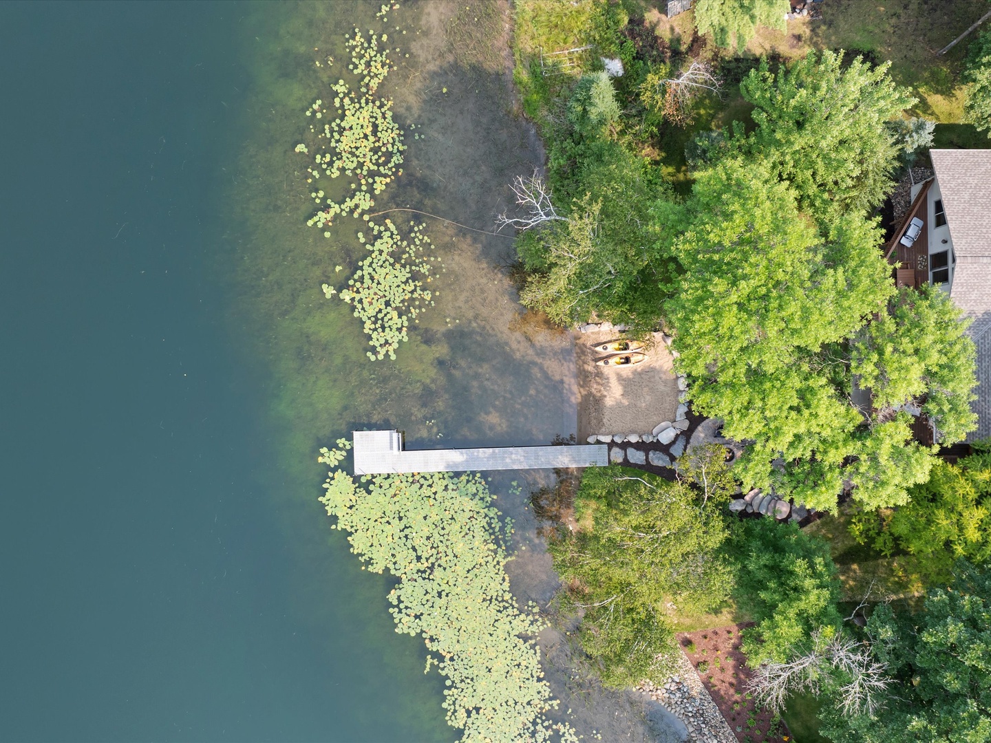 Aerial view of the beach & dock.