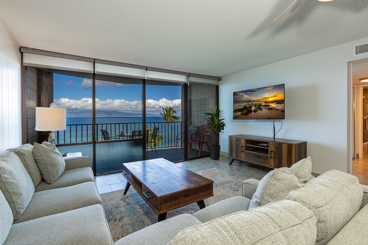 Soft breezes and ocean blues from the living room sofa