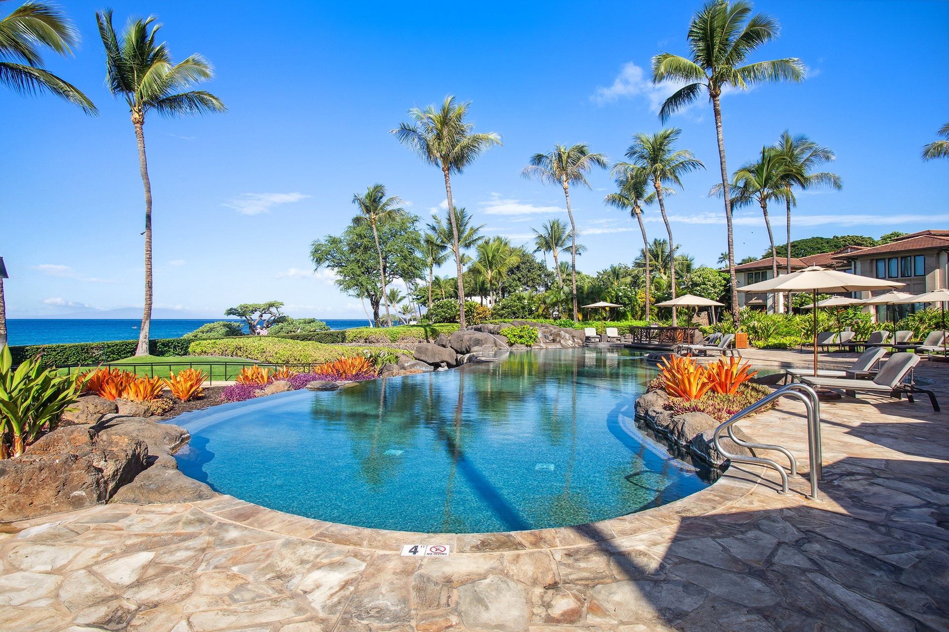 Dive into paradise with this stunning tropical pool surrounded by swaying palms and breathtaking ocean views