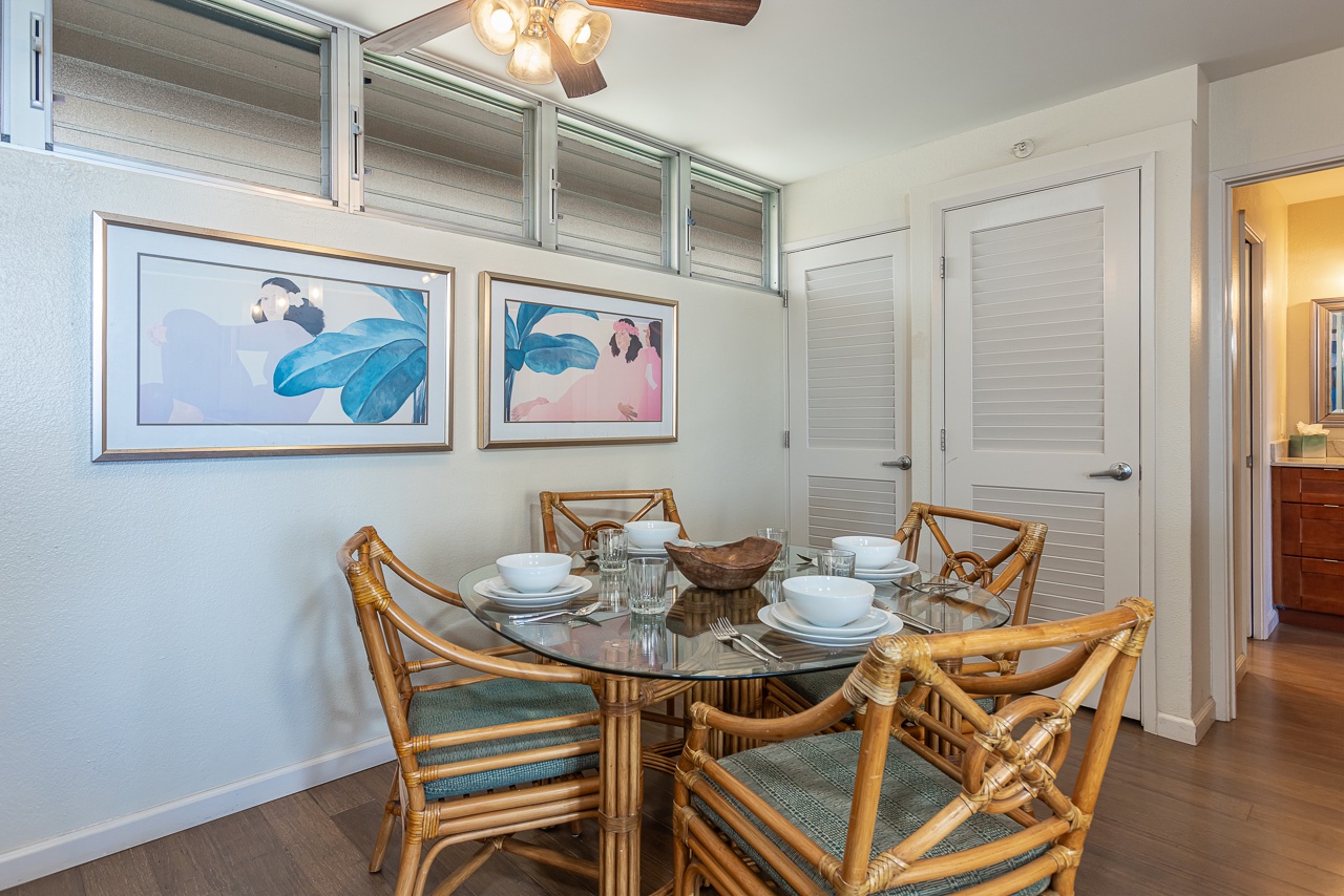 Savor memorable meals together around coastal artwork.