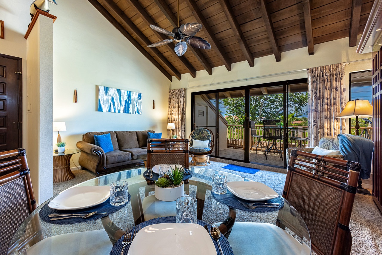 Step into your serene island retreat with soaring wood-beam ceilings and tropical breezes. The open layout invites you to unwind at the dining table or sink into the plush sofa, while your private balcony beckons for morning coffee with garden views.