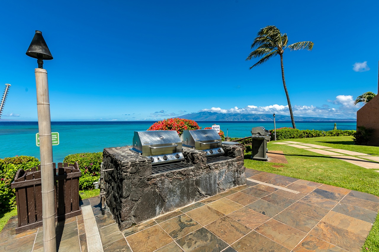 A stunning oceanfront BBQ area with panoramic views. Fire up the grill and dine al fresco while watching the waves and distant mountains.