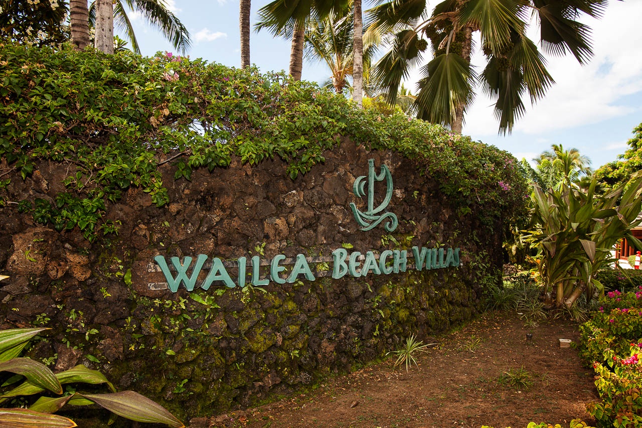 The property entrance marker features a natural lava rock wall and tropical landscaping with swaying palms, welcoming guests to a Hawaiian beachfront destination.