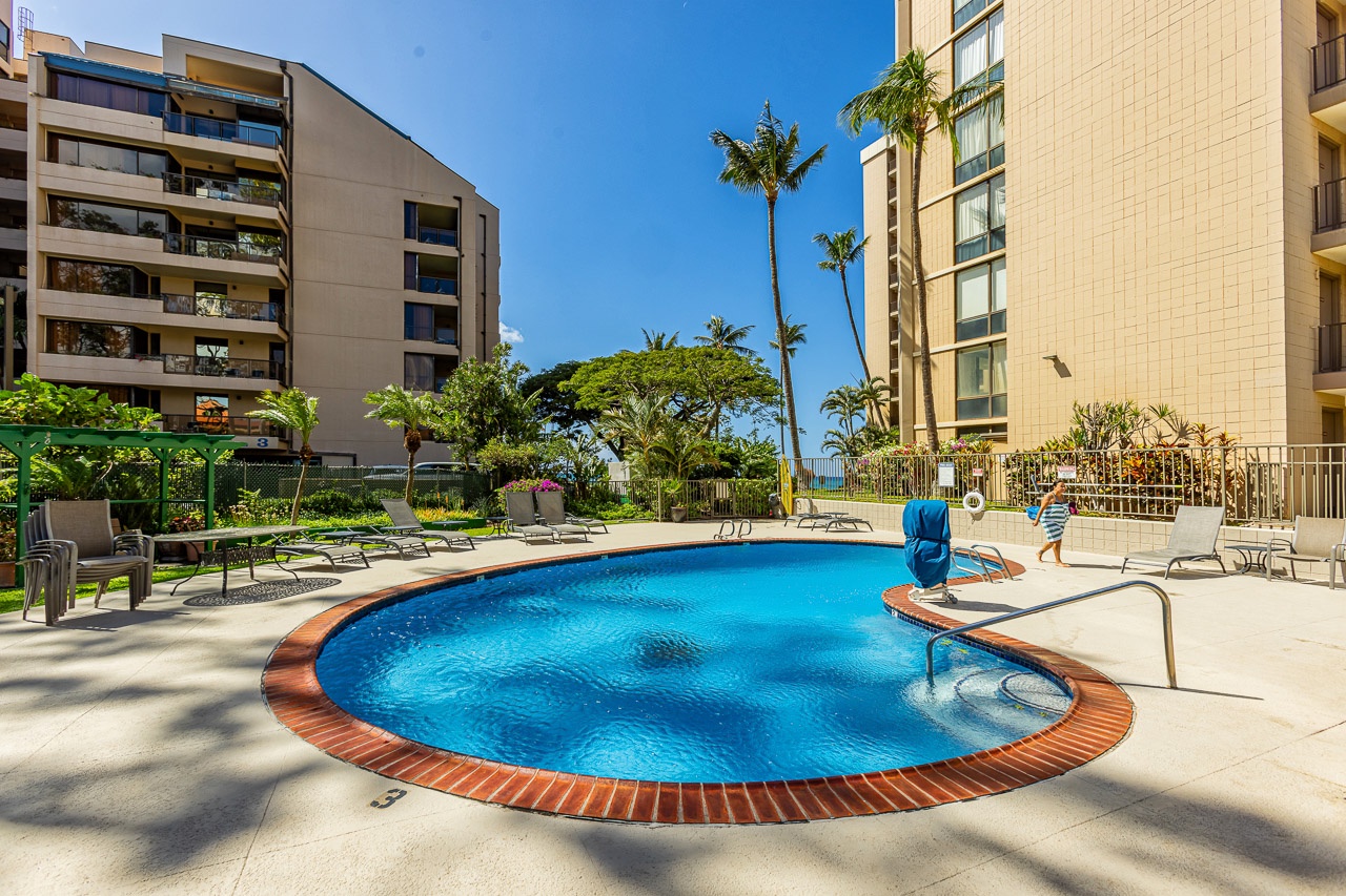 The property's sparkling outdoor pool awaits, surrounded by tropical palms and comfortable loungers perfect for soaking up the Hawaiian sunshine between your island adventures.