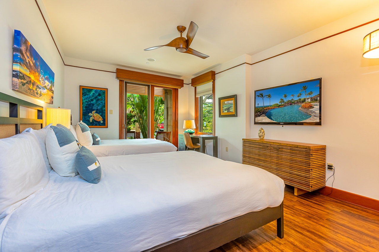 Rest easy in your serene island retreat, where crisp white linens invite peaceful slumber and tropical breezes drift through open doors. Your private haven blends natural wood warmth with soothing ocean-inspired accents.