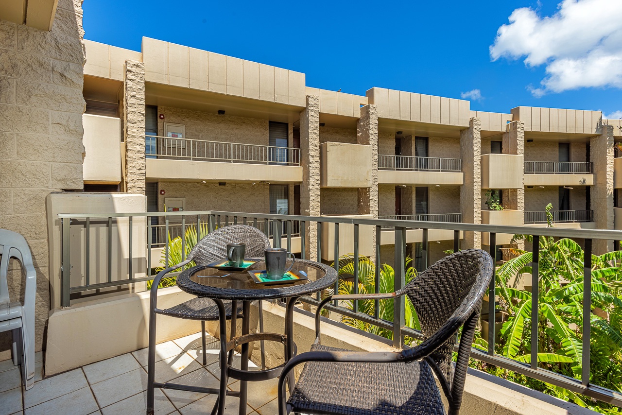 Step onto your private balcony and enjoy morning coffee at your own cozy bistro table.