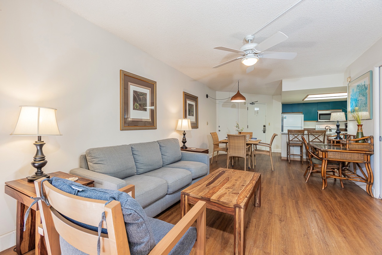 Open layout with soft tones and a calming island feel