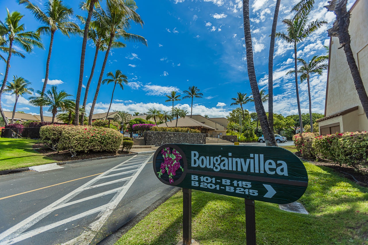 Welcome to the Bougainvillea building, where tropical palm trees and blue skies frame the entrance to your Hawaiian getaway.
