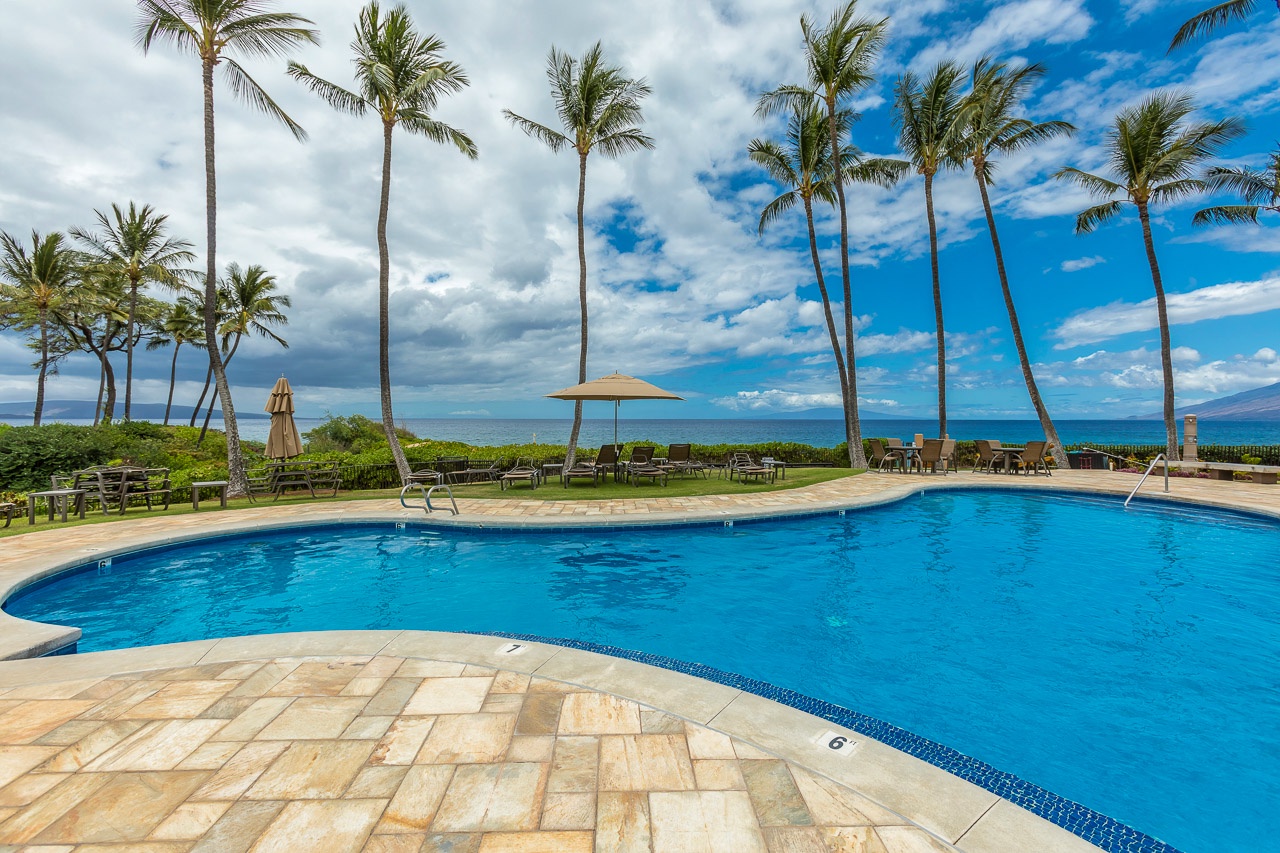 Swim, soak, and enjoy the calm Wailea poolside setting