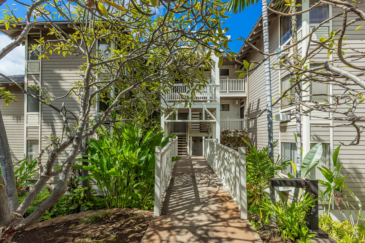 Calm and inviting entryway framed by palms