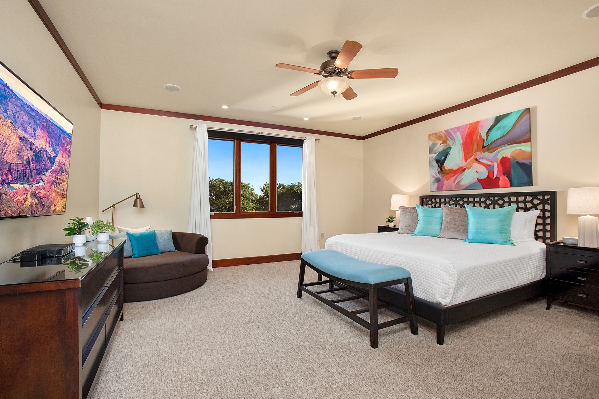 Unwind in your elegant primary suite with King bed and plush linens.