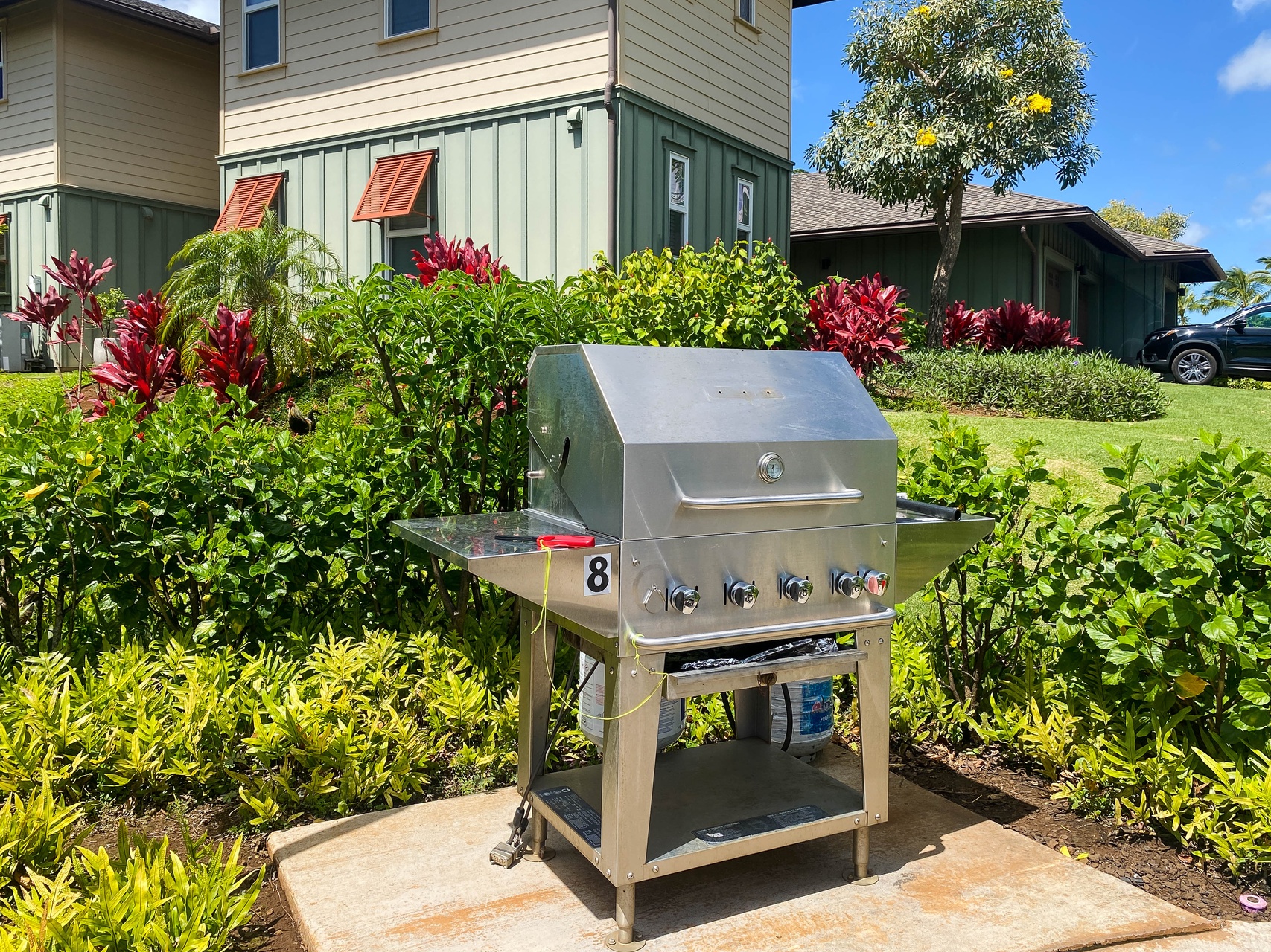 Fire up your tropical barbecue surrounded by lush Hawaiian gardens and vibrant red plants in this paradise setting.