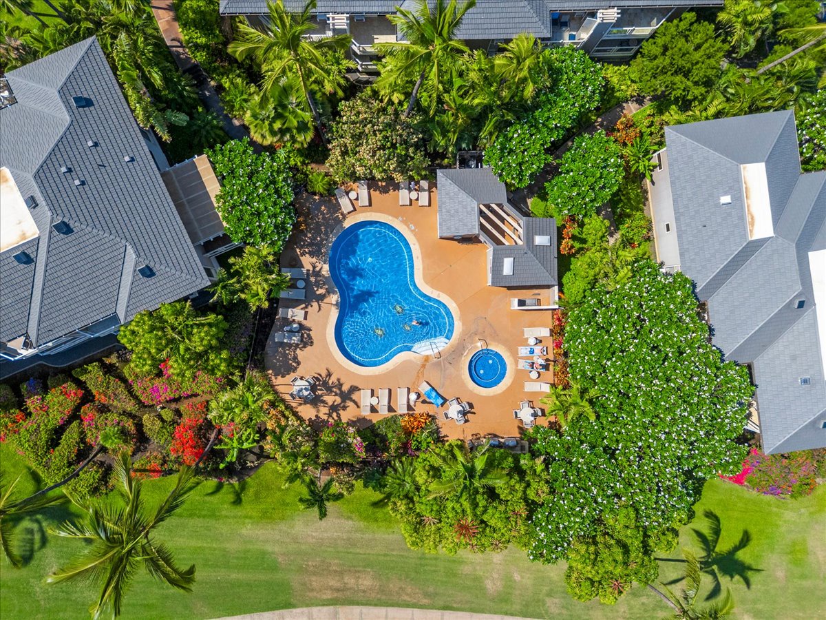 Aerial view of a tropical resort property featuring a unique kidney-shaped swimming pool and smaller circular hot tub, surrounded by lush gardens, palm trees, and guest accommodations with modern rooflines.