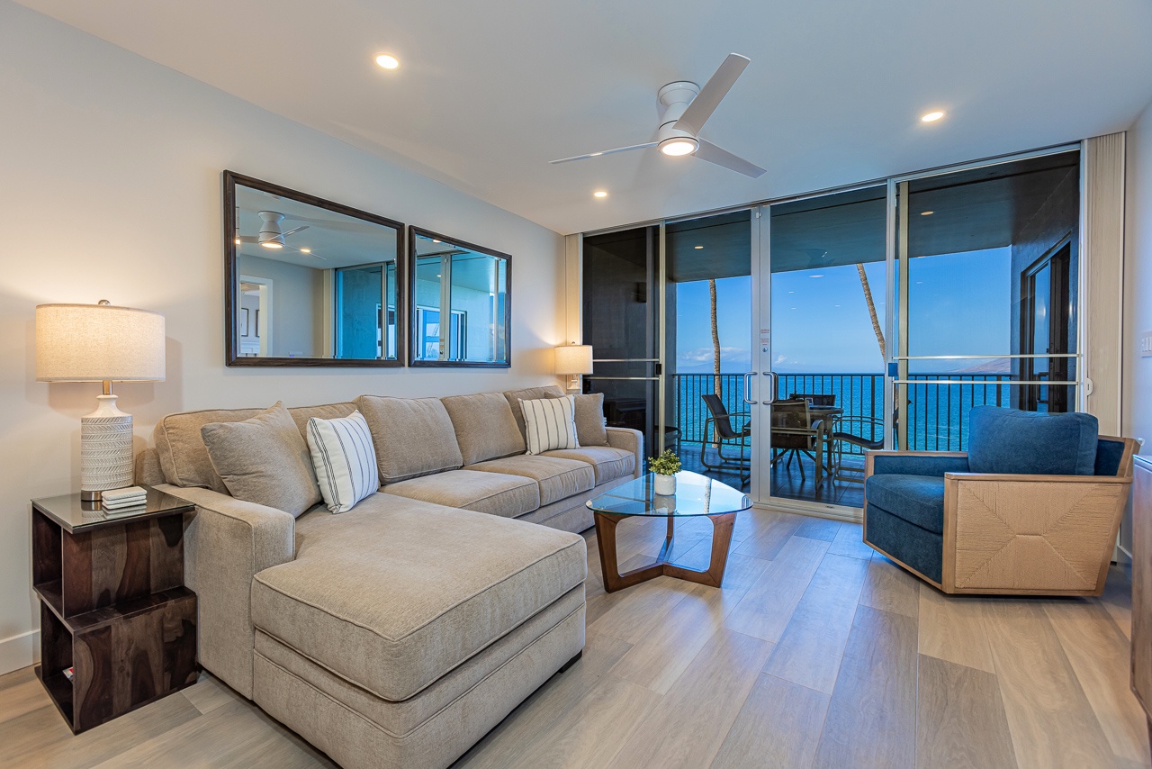 Contemporary living room with oceanfront views