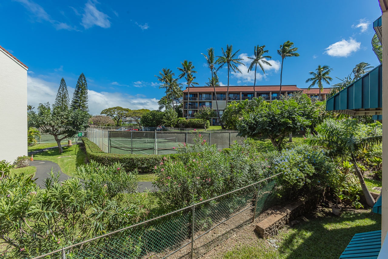 Tennis court surrounded by tropical landscaping with palm trees swaying overhead and lush gardens creating a perfect backdrop for active vacation days.