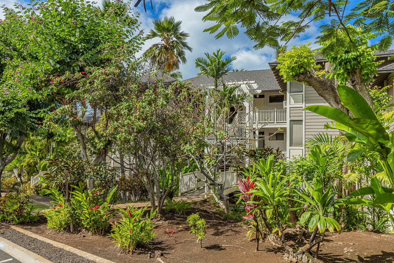 Welcoming exterior with vibrant tropical plants