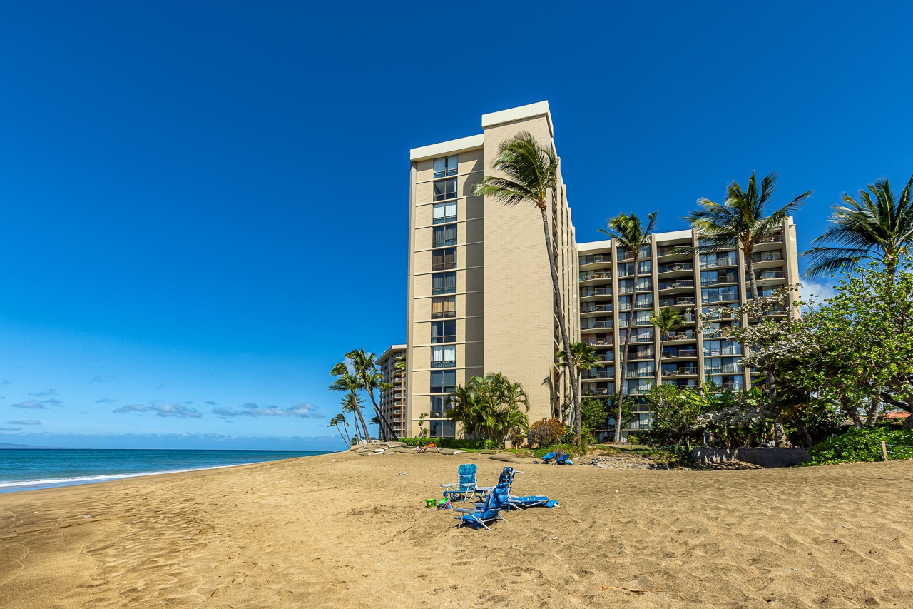 Beachfront property with direct sandy beach access, framed by swaying palms and ocean views under clear tropical skies.