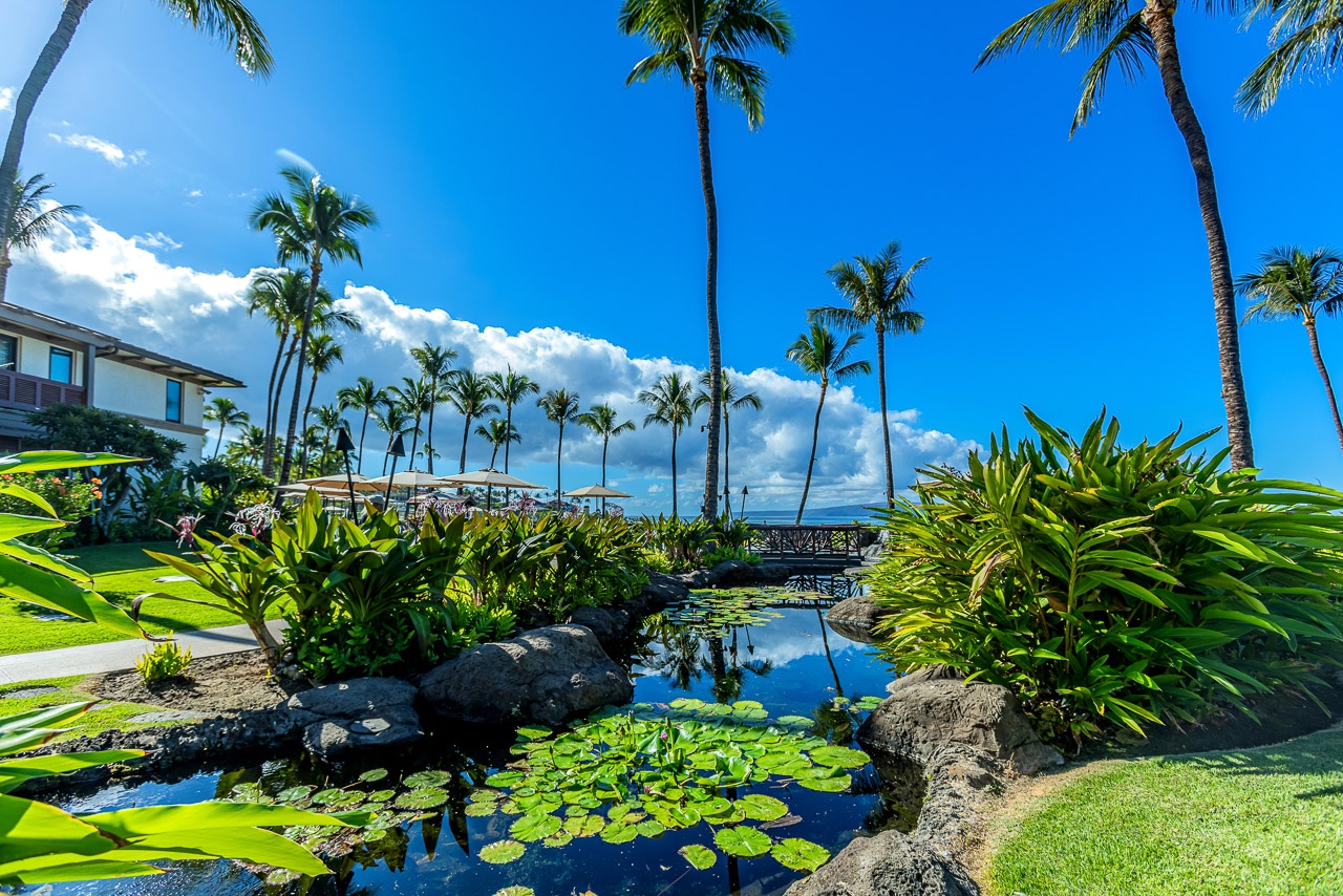 A lush Hawaiian resort features volcanic rock ponds, lily pads, and tropical palms lining a serene garden walkway under brilliant blue skies.