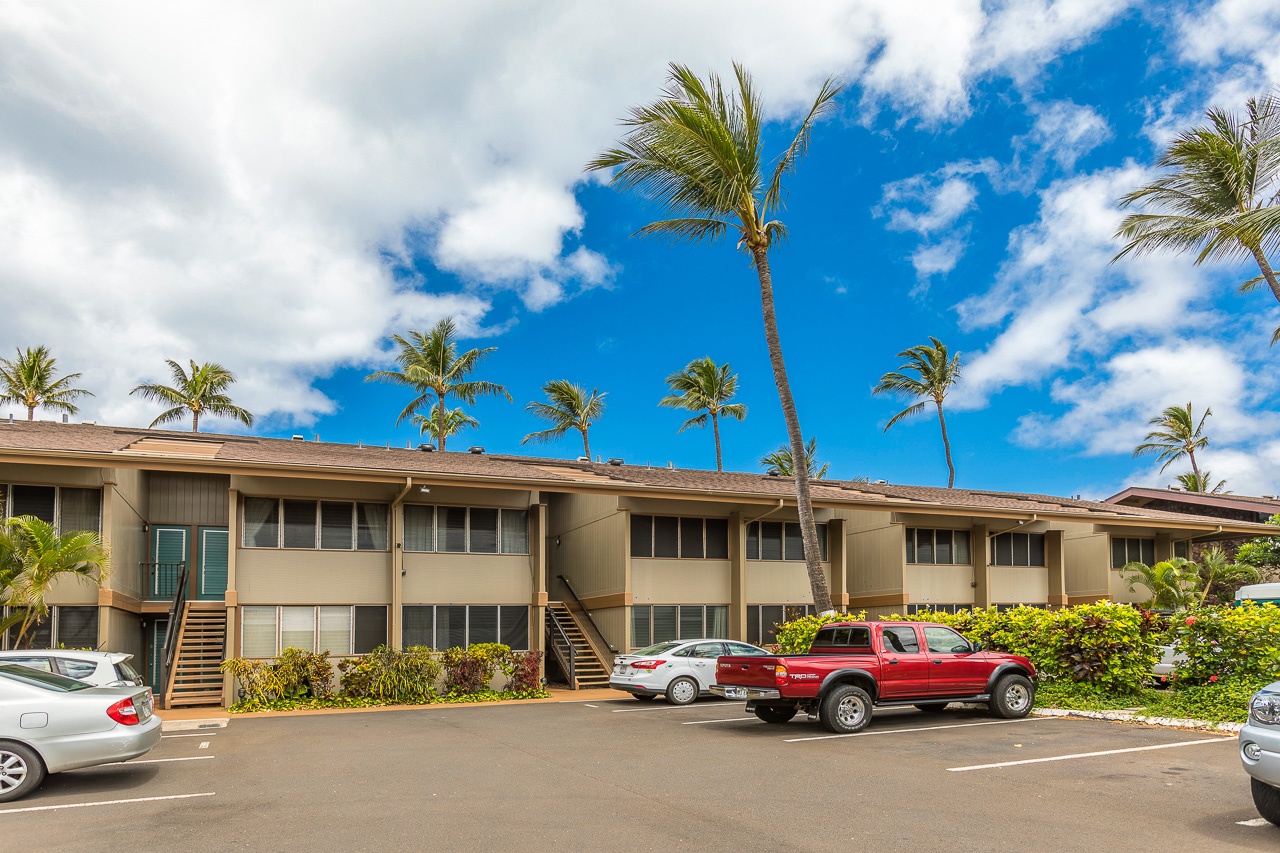 A tropical-style property complex with convenient parking and easy access to your unit.