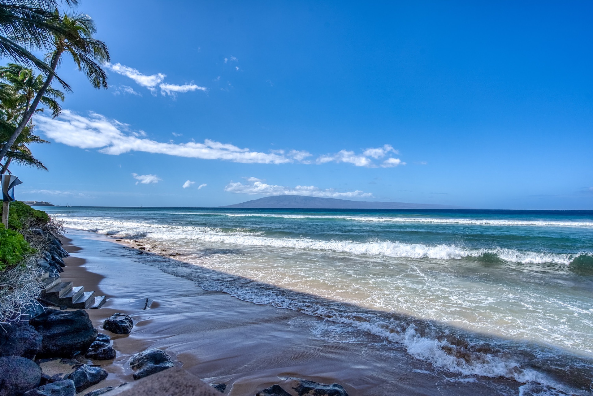 A pristine stretch of shoreline framed by tropical palms, with turquoise waves rolling to the shoreline.
