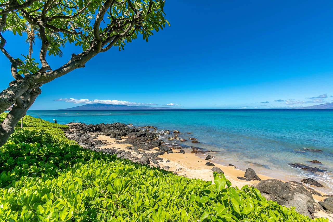 Stunning beachfront location where turquoise waters meet a secluded sandy cove, framed by lush tropical greenery and dramatic volcanic rocks under endless blue skies.