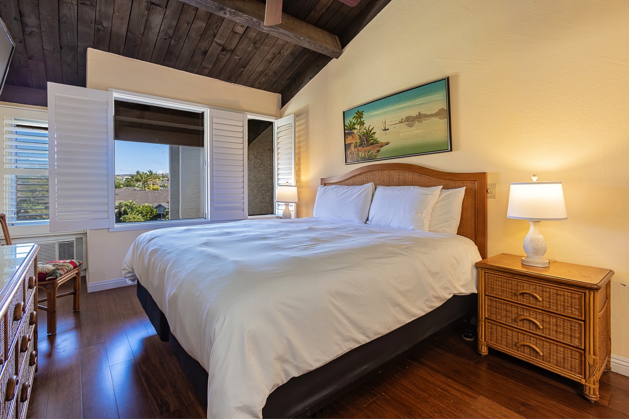 Cozy primary bedroom for quiet island evenings