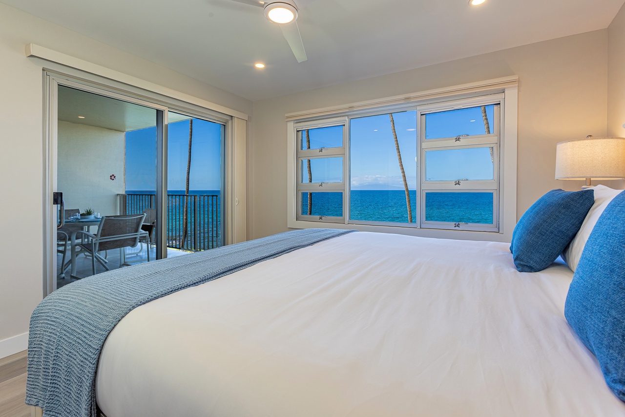 Elegant bedroom with king bed and lanai access