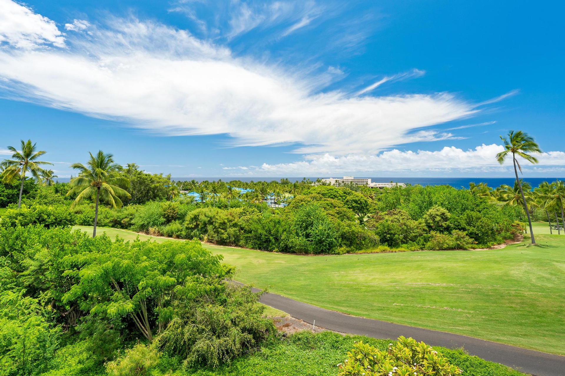 Panoramic view showcasing pristine golf course greens surrounded by swaying palm trees with the sparkling ocean horizon beyond.