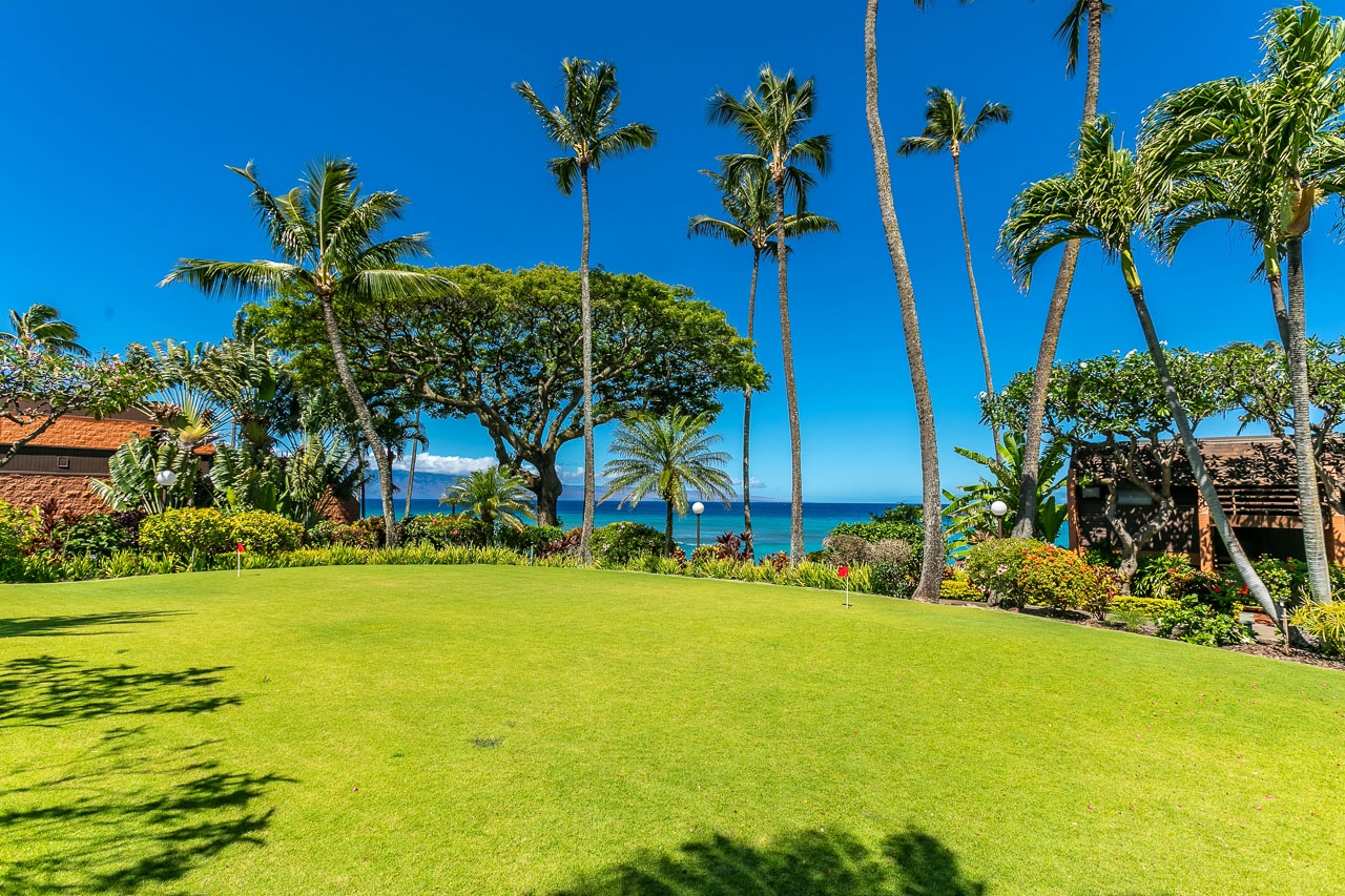 Oceanfront property featuring lush tropical landscaping with swaying palms and vibrant gardens, steps from the blue Pacific waters.