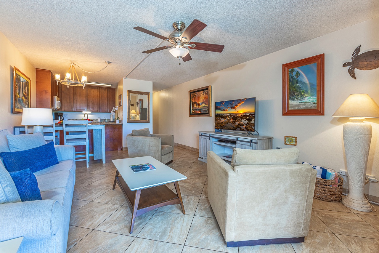 Unwind in your bright coastal retreat, complete with a fully equipped kitchen, comfortable seating, and island-inspired touches that make you feel right at home.