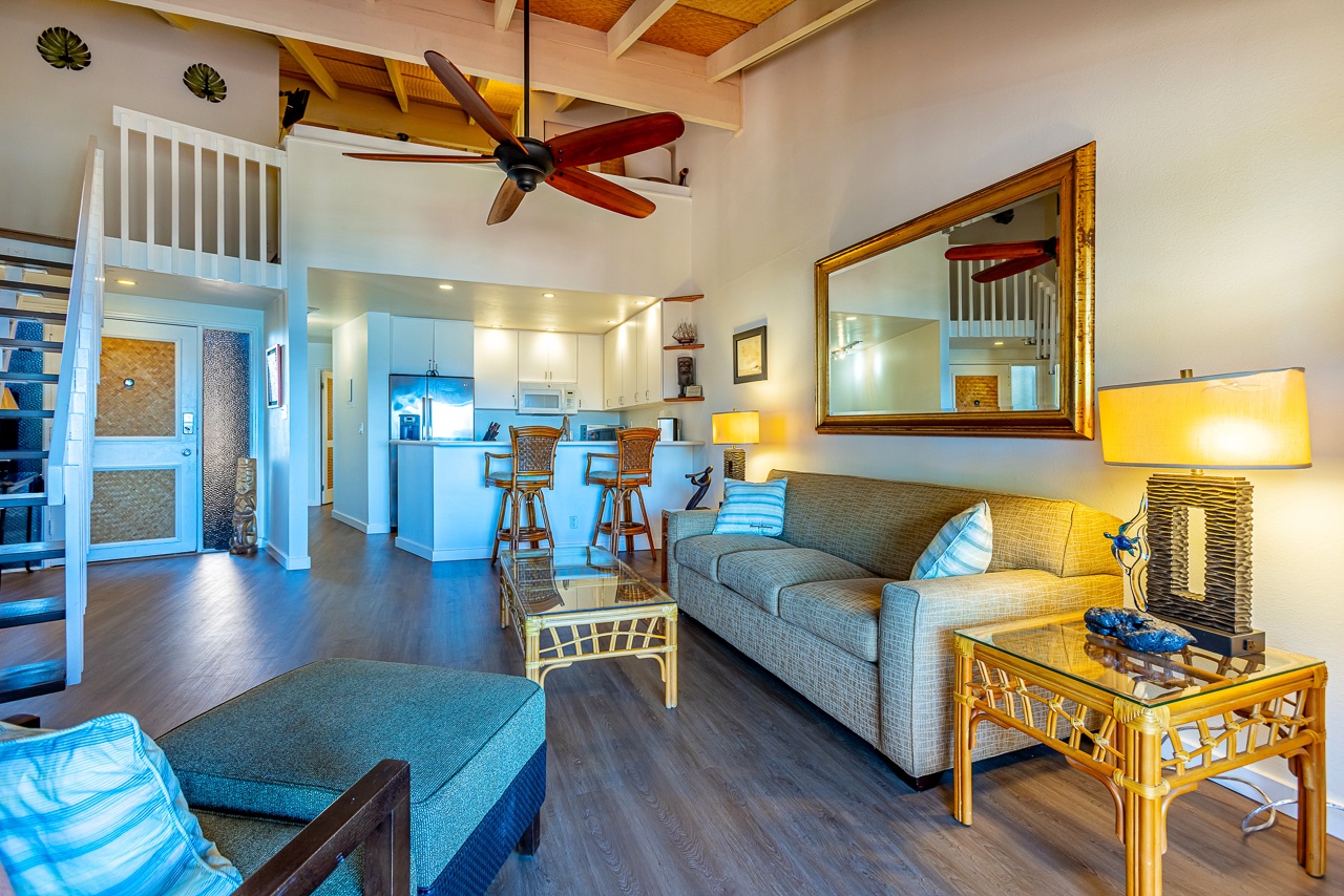You'll love the open, airy feel with soaring ceilings and coastal-inspired decor inviting you to unwind.