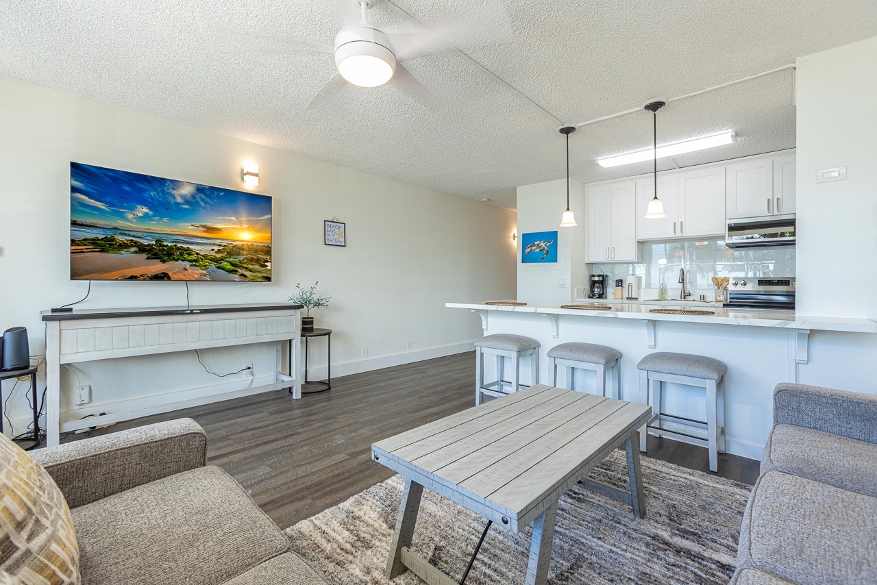 Open concept living area and TV makes for perfect for Maui mornings