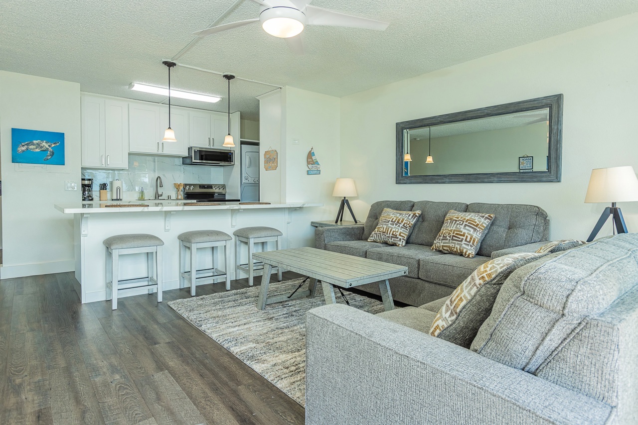 Bright kitchen with space for three to eat, chat, and unwind