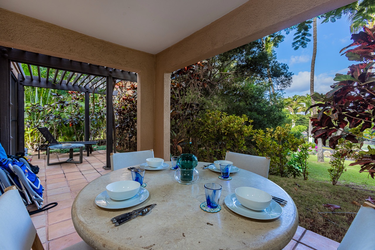 A generous outdoor space designed for dining and island evenings