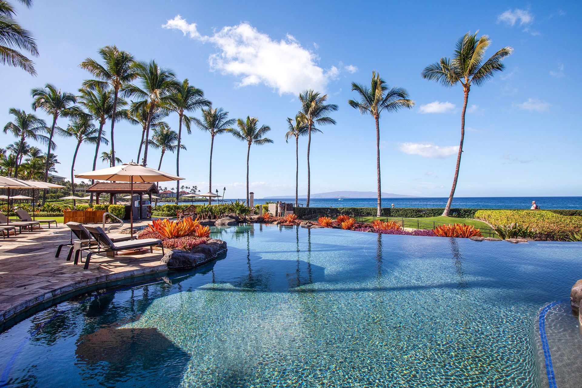 Tropical paradise pool with swaying palms and ocean views creates the perfect backdrop for your Hawaiian getaway relaxation.