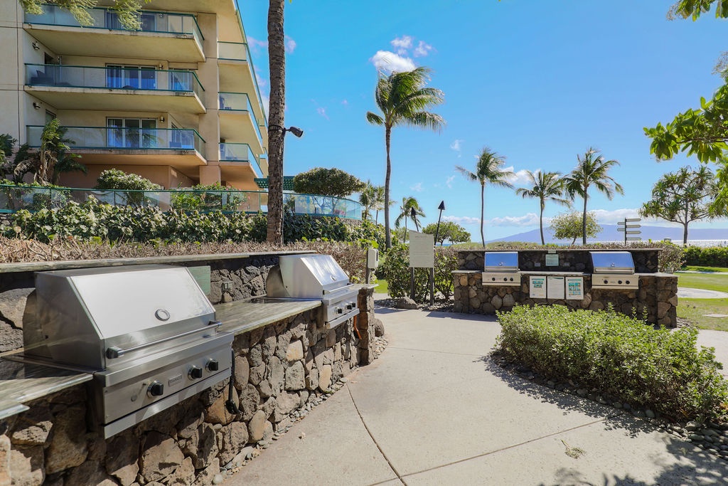 Communal BBQ grills set in stone, surrounded by palms and ocean breezes, perfect for cookouts with tropical views.