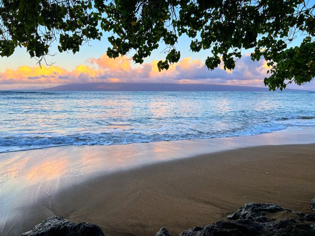 Tranquil beachfront location with golden sand, calm waves, and colorful sunset skies framed by tropical foliage.
