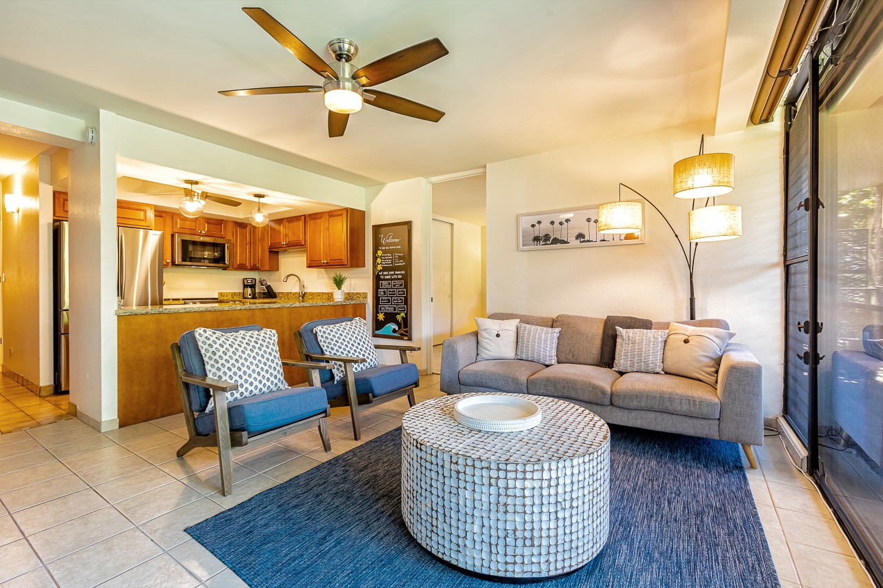 Dreamy living area and kitchen keeps you in the Maui mode. 