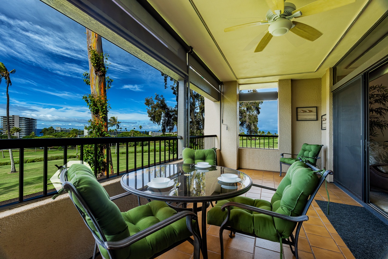 Sip your morning coffee on the balcony as you take in sweeping golf course views and glimpses of the ocean beyond. Comfortable seating invites you to linger and unwind.