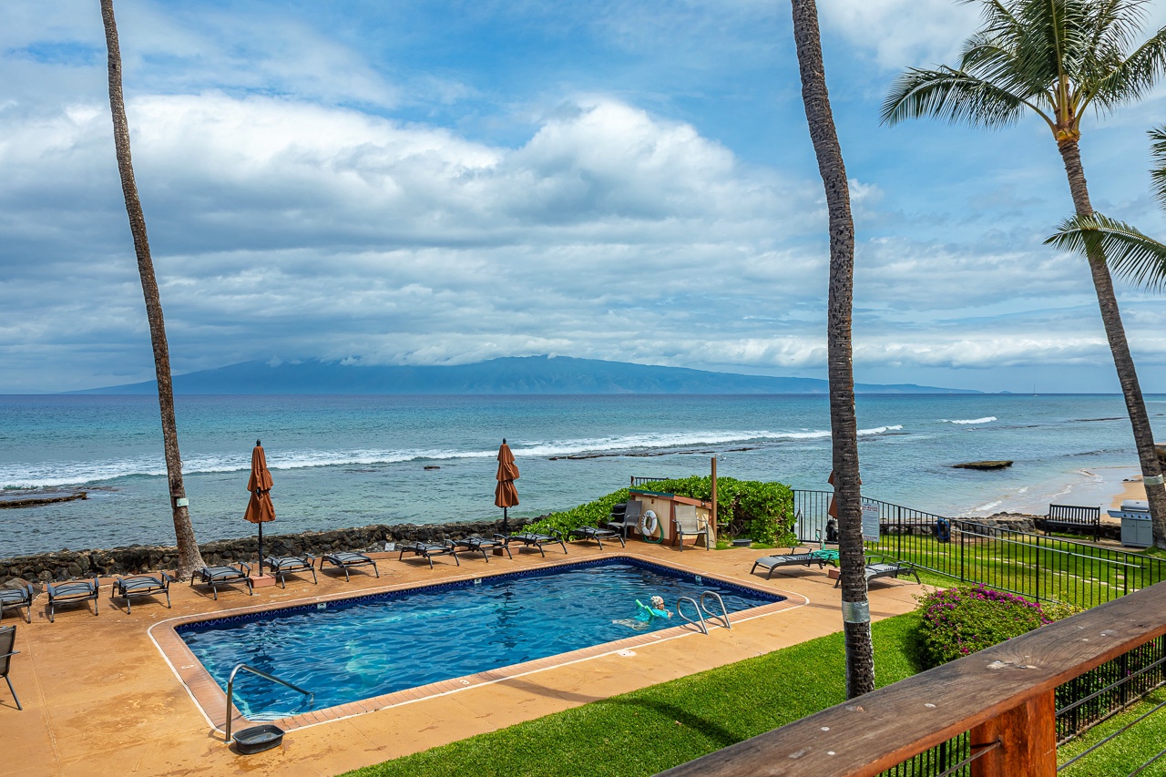 This beachfront property offers stunning ocean views framed by swaying palms.
