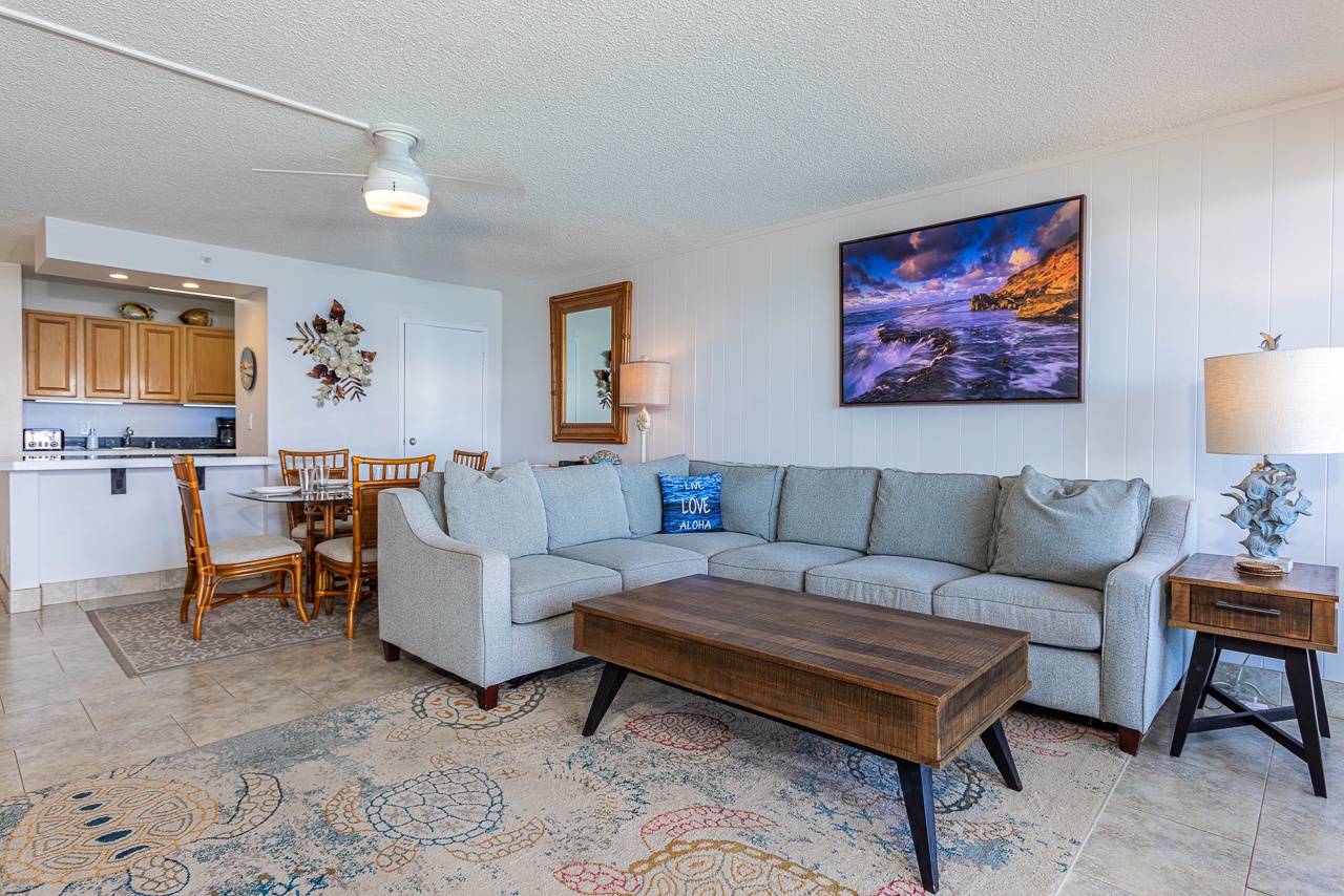 Cozy living room with soft coastal textures and bright light