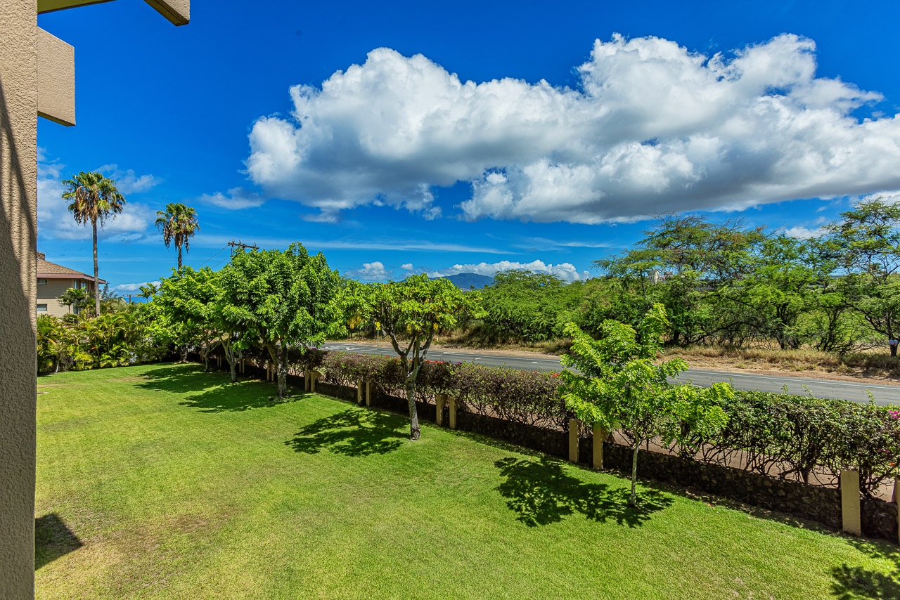 The property offers scenic mountain and garden views with lush landscaping, palm trees, and tropical greenery beneath vibrant island skies.