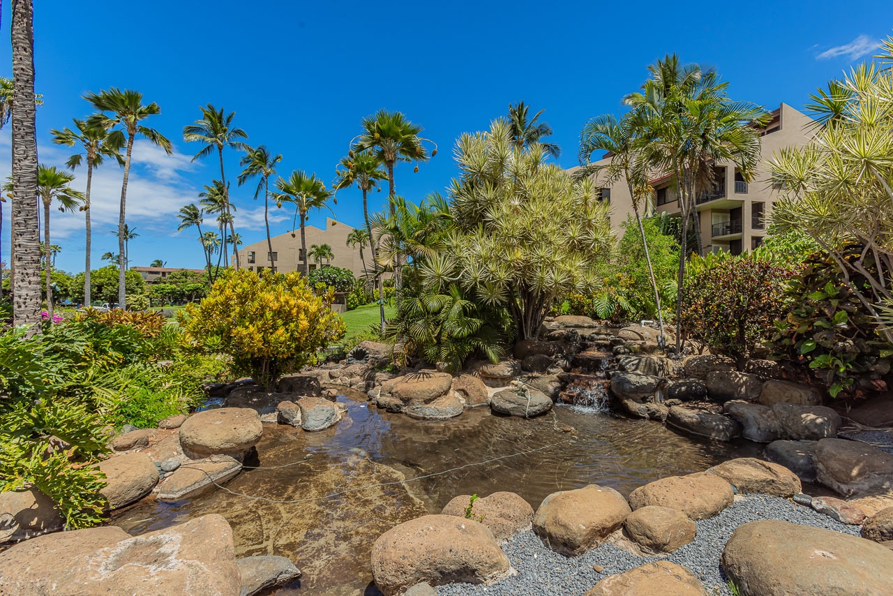The property features lush tropical gardens with natural water features, towering palms, and vibrant landscaping set against clear blue skies.