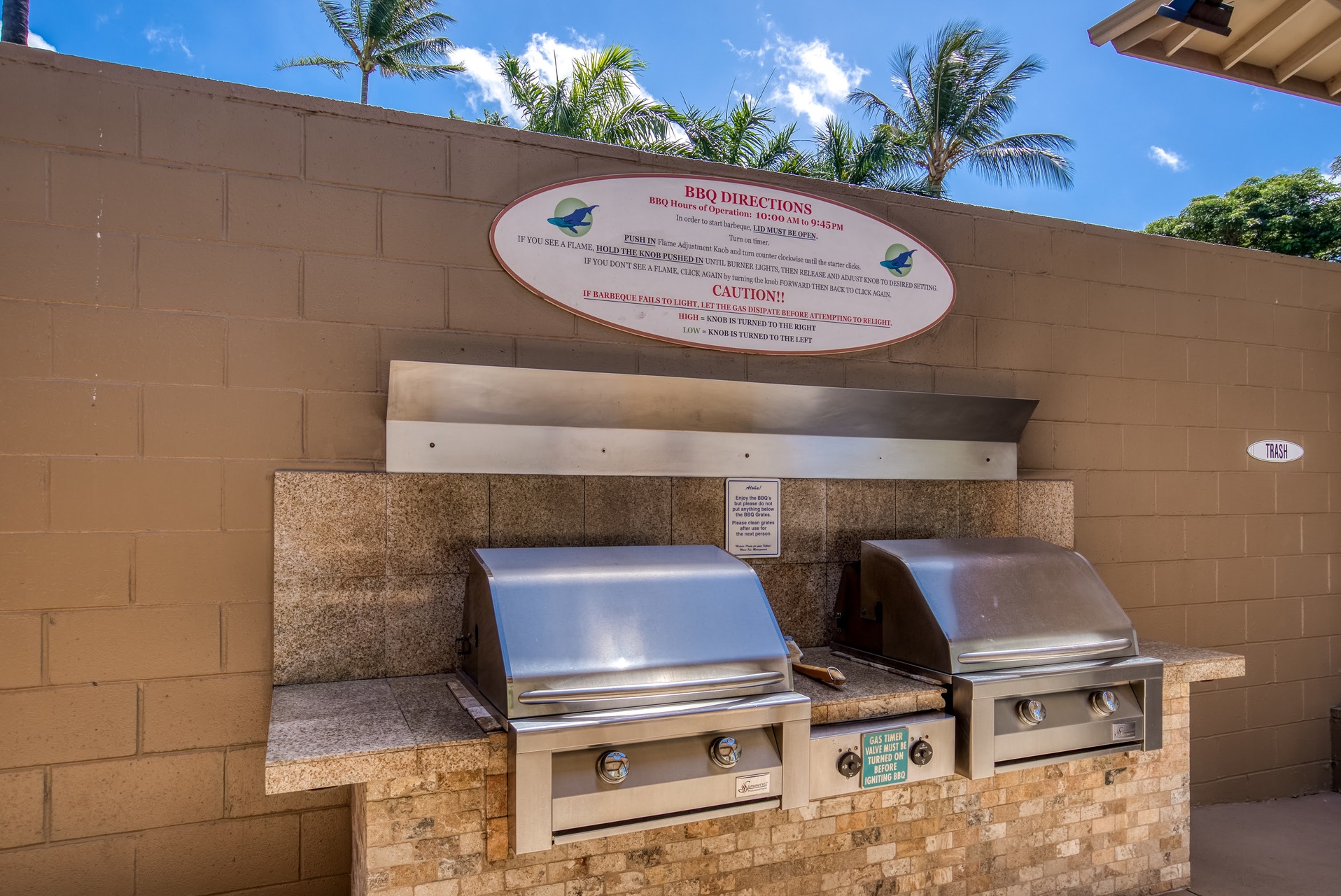 The property features community BBQ grills set in a sunny outdoor area with palm trees swaying overhead—a perfect spot to gather and grill under blue Hawaiian skies.