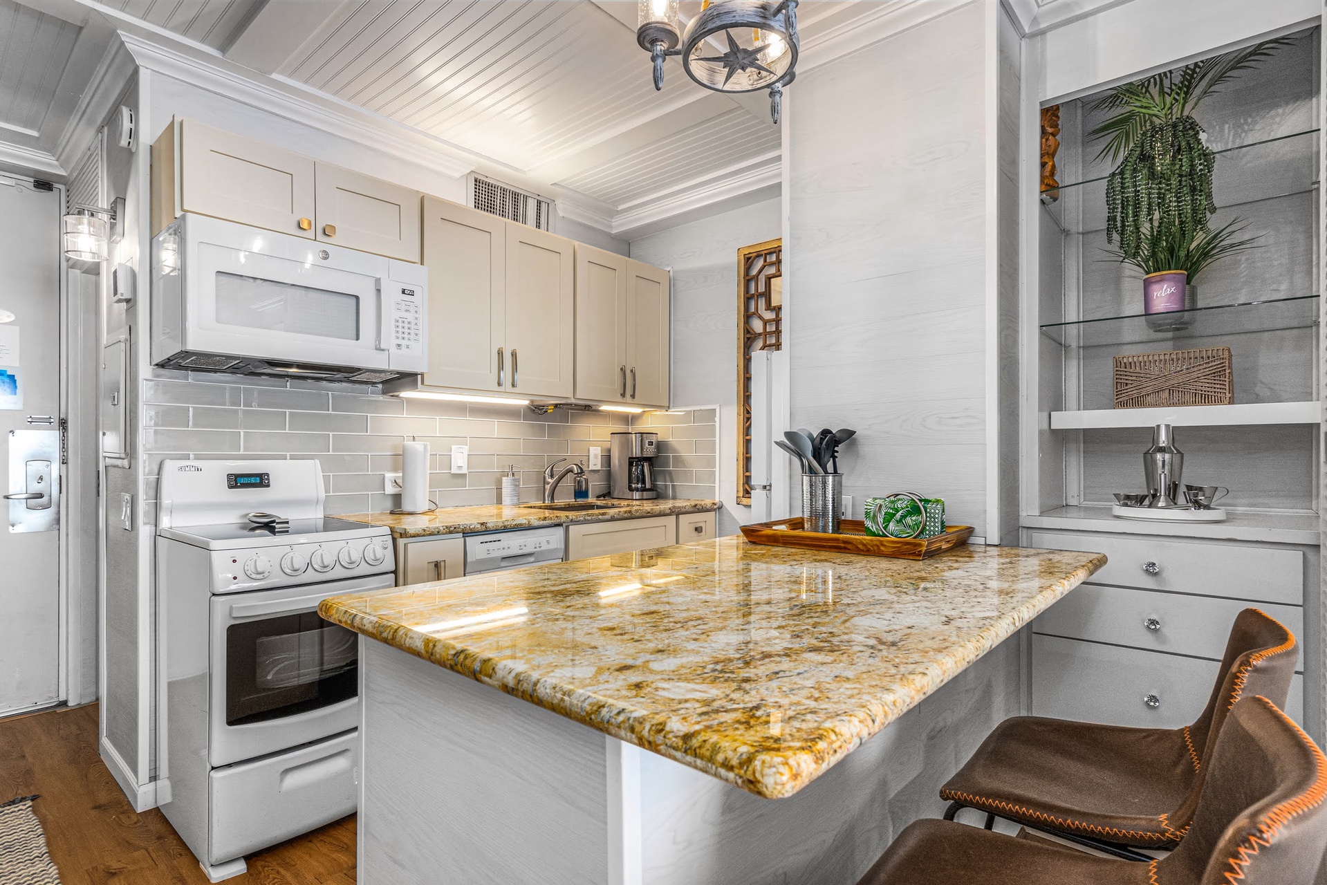 Every detail is designed for your comfort, from the coffee maker to the open shelving stocked with thoughtful touches.