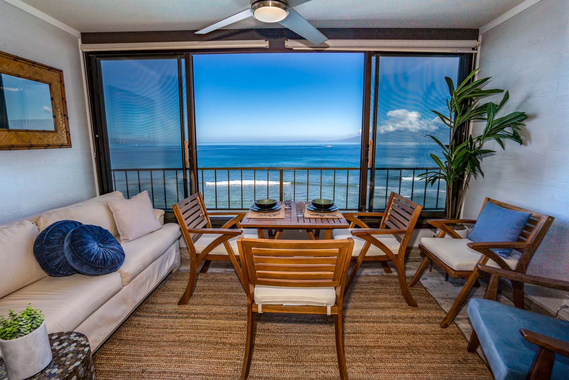 Dine oceanfront in your living space where the glittering sea stretches endlessly before you. The open dining area blends comfort and coastal elegance, perfect for savoring meals while soaking in breathtaking views.